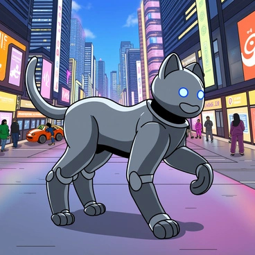 A sleek robotic cat with shiny metallic features, including a chrome body and glowing blue eyes, is exploring a vibrant futuristic city. The cat has articulated limbs and a flexible tail, which sways as it moves. Surrounding it are towering skyscrapers with neon lights and holographic advertisements. The streets are bustling with various futuristic vehicles and pedestrians, some of whom are wearing high-tech clothing. The ground is a mix of smooth pavement and illuminated pathways. The atmosphere is filled with a colorful array of lights reflecting off the cat's metallic surface as it curiously investigates its surroundings.