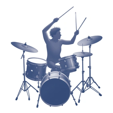 A silhouette of a drummer is positioned at the center of the image. The drummer is in a dynamic pose, with arms raised high as they strike the cymbals and drumheads. The drum kit features a bass drum, snare drum, toms, and cymbals, all clearly outlined in the silhouette. The drummer's hair is tousled, suggesting movement and energy, while the body is slightly bent forward, emphasizing the intensity of the performance. In the background, faint outlines of drumsticks might be visible, enhancing the focused scene of the passionate drumming.