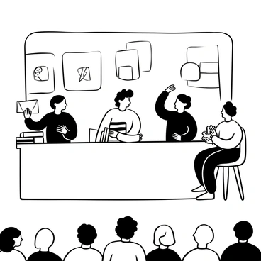 A panel of three famous illustrators seated behind a long table. Each illustrator has a stack of illustrated books and artwork displayed in front of them. One illustrator is gesturing with a hand while presenting a piece of art, and another is holding a sketchbook open for the audience to see. The third illustrator is leaning slightly forward, engaging with a question from the audience. The backdrop features framed illustrations hanging on a wall, and there is a small audience visible in rows of chairs facing the panel.
