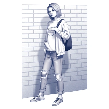 A person standing confidently against a textured brick wall. They are dressed in trendy street fashion, showcasing a mix of urban styles. The outfit includes a loose-fitting graphic t-shirt, layered with a lightweight jacket. The individual is wearing distressed jeans that emphasize a casual, laid-back vibe. Accessories include a backpack slung over one shoulder and a pair of stylish sneakers. The person's hair is styled in a contemporary manner, adding to the overall fashion-forward appearance.