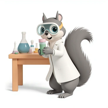 A cartoon squirrel, with fluffy gray fur and a bushy tail, is wearing a white lab coat and safety goggles. It is standing on its hind legs, holding a colorful test tube filled with a bright green liquid. The squirrel's large, expressive eyes are wide with curiosity as it examines the test tube closely. The background features a wooden lab table scattered with various scientific tools like beakers and a microscope. The overall scene conveys a sense of discovery and scientific exploration.