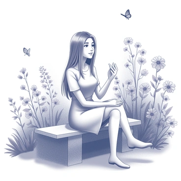 A young woman named "Marie" is seated on a stone bench in a garden. She has long hair cascading down her shoulders and is wearing a casual dress. The garden is filled with various types of flowers, featuring different shapes and sizes. Butterflies are fluttering around, landing on the flowers nearby. The scene conveys a sense of tranquility, with sunlight filtering through the leaves of nearby trees. Marie is gazing at the flowers, with a gentle smile on her face.
