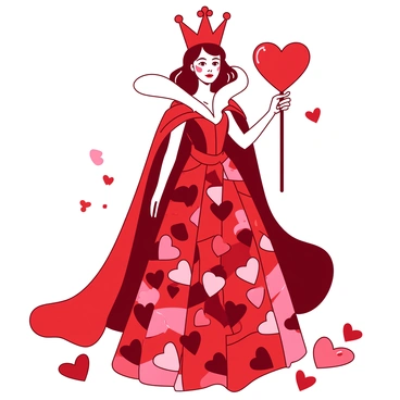 A red queen with a crown made of small heart-shaped mosaic tiles. Her dress flows elegantly, composed of various sizes of heart tiles in different shades of red, creating intricate patterns. The queen stands confidently, holding a large heart-shaped scepter in her right hand. In the background, there are more heart-shaped tiles scattered, enhancing the theme of hearts. The entire composition is filled with a playful, vibrant energy conveyed through the heart motifs.
