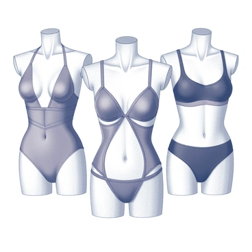 A detailed illustration showcasing a luxury swimwear collection. The design features several swimwear pieces displayed on a transparent mannequin. Each piece includes intricate details such as elegant stitching, unique cutouts, and refined patterns. The setting includes a soft studio background that emphasizes the contours and dimensions of the swimwear. The illustration captures the texture of the fabrics, focusing on the sleek lines and sophisticated design aspects inherent in luxury swimwear.