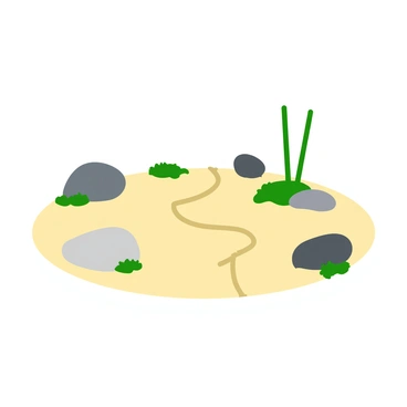 A meticulously arranged zen garden featuring smooth pathways of light-colored sand and carefully placed stones. The sand is raked into precise patterns, creating a sense of harmony. Large, flat stones are strategically positioned among the sand, some partially buried, while others rest prominently. Small patches of green moss can be seen nestled between the stones, adding a touch of color. A few slender bamboo stalks rise nearby, providing vertical contrast to the low-lying elements of the garden. The overall composition conveys tranquility and balance.