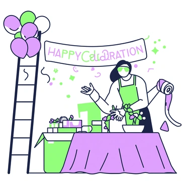 An event planner is wearing safety glasses while setting up decorations for a celebration. She is adjusting a cluster of balloons on the left side, using a long ladder to reach the top. In her right hand, she holds a roll of ribbon, preparing to tie it around a table centerpiece. The table is covered with a vibrant cloth and adorned with green and purple decorations, including confetti and small decorative items. Behind her, there are boxes filled with supplies, and a banner is partially hung, displaying the words "Happy Celebration" in bold letters. The scene is busy with a sense of anticipation for the upcoming event.