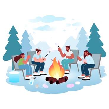 A group of campers is gathered around a crackling campfire, with glowing flames casting light on their surroundings. One camper is holding a skewer with a marshmallow over the fire while another is reaching for a bag of marshmallows. The campsite is surrounded by tall pine trees and a starry sky can be seen above. There are camping chairs arranged in a semi-circle around the fire, and a cooler is positioned nearby. A soft blanket is spread on the ground, scattered with snacks and supplies.