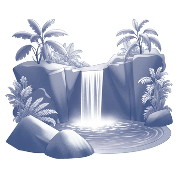 A cascading waterfall flows down a rocky cliff, surrounded by dense foliage. The waterfall splashes into a clear pool of water below. Exotic plants with large leaves and intricate shapes frame the scene, while ferns and other greenery fill the surrounding area. The atmosphere is vibrant with the textures of the rocks and the flowing water, creating a dynamic and lively environment.