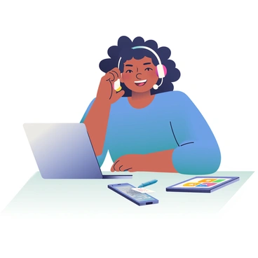 A friendly customer service representative with light brown skin and curly black hair is speaking on the phone with a cheerful expression. She is wearing a blue blouse and has a headset on. Around her, there are various tech gadgets, including a sleek laptop on a desk, a smartphone with a bright screen beside it, and a tablet displaying colorful app icons. A notepad with a blue pen rests next to the gadgets. The atmosphere suggests a busy, tech-savvy environment.