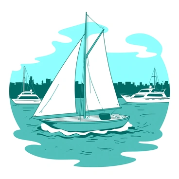 A teal vintage sailboat is gently rocking on the waves of Brighton Marina. The boat has white sails billowing softly in the breeze, with a wooden deck that contrasts against the bright water. Surrounding the marina, there are white yachts anchored nearby, and the skyline of Brighton with a blue sky overhead. Small ripples are forming in the water as the boat sways, creating a serene atmosphere.