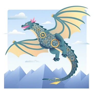 A large dragon is soaring through the sky, its body covered in intricate scales made of interlocking cogs, reflecting sunlight with metallic hues. The dragon's wings are expansive and resemble a blend of mechanical elements and traditional feathered wings. Below, a range of rugged mountains stretches across the landscape, their peaks dusted with snow. Wispy clouds float in the blue sky, adding depth to the scene. The dragon's eyes are bright and focused as it glides effortlessly above the mountain range.