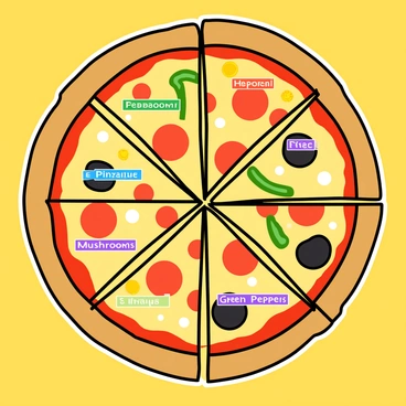 A large, round pizza divided into eight distinct slices, each slice representing a different topping or ingredient. The crust is golden brown and thick, with vibrant colors on each slice. One slice is topped with red pepperoni, another with bright green peppers, a third with yellow pineapple, and a fourth with black olives. The remaining slices feature various toppings as well, such as white cheese and purple onions. Some slices are labeled with colorful text: "Pepperoni," "Mushrooms," "Green Peppers," and "Pineapple." The chart is presented on a bright, cheerful background, enhancing the playful and cartoon-like nature of the illustration.
