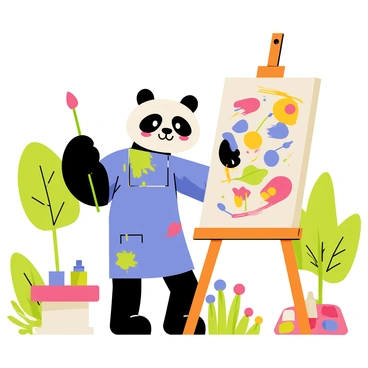 A panda standing upright in an outdoor art studio is holding a paintbrush with its right paw. The panda is wearing a blue painter's apron splattered with various colors. In front of the panda, there is a large easel displaying a colorful canvas filled with vibrant abstract shapes and patterns. Surrounding the art studio are green trees and colorful flowers, contributing to the lively outdoor atmosphere. A set of paint tubes and a palette with a mix of paints lies on a nearby table, completing the scene.