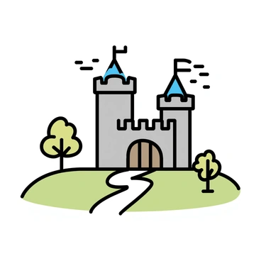 A tall medieval castle with stone walls stands proudly on a grassy hill. The castle features several towers with pointed roofs and small flags fluttering at the top. Surrounding the castle, there are a few trees with broad leaves, and the sky above is clear with a few scattered clouds. A winding path leads up the hill toward the castle gate, which is made of heavy wooden planks.