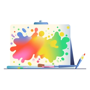 A large illustration board is placed flat on a surface, showcasing a vibrant array of colors. The board is covered in splattered paint in various shades such as bright red, deep blue, sunny yellow, and rich green. Each color is distinct and appears to be freshly applied, creating a dynamic and energetic scene. The palette sits nearby, filled with paint blobs that mirror the colors splattered on the board, and a few paintbrushes in different sizes are resting beside it, some with paint on the bristles.