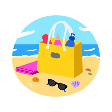 A trendy tote bag with a colorful design sits open, revealing summer essentials inside. The bag includes items such as a pair of stylish sunglasses, a sunscreen bottle, a beach towel folded neatly, and a water bottle. The background features a sunny beach with soft golden sand, gentle waves lapping at the shore, and a clear blue sky. A few seashells are scattered near the bag, adding to the beach atmosphere.