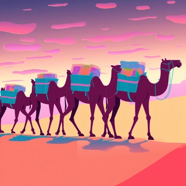 A line of camels with distinct humps is moving across a vast expanse of golden sand dunes. Each camel is loaded with colorful goods, including woven baskets and vibrant textiles. The camels have detailed fur textures and are shown in a steady gait. The sky is filled with vibrant hues of orange, red, and purple, indicating a striking sunset. Silhouettes of the camels and their cargo create a stark contrast against the colorful sky, while shadows cast on the sand suggest the time of day. The scene conveys a sense of journey and trade in a desert environment.