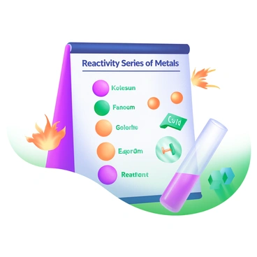 A modern pastel illustration featuring a chart titled "Reactivity Series of Metals." The chart displays a vertical arrangement of different metals, such as potassium, sodium, and gold, each represented by colorful icons. Next to each metal, there are visual examples of reactions, including bubbles for hydrogen gas, flames for combustion, and a test tube with a vibrant liquid indicating a reaction. The background is a soft gradient of pastel colors, enhancing the educational theme of the illustration.