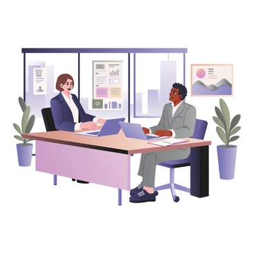 A financial advisor and a client are seated at a sleek, modern desk in a contemporary office setting. The financial advisor is a middle-aged woman with short brown hair, wearing a navy blue blazer and a white blouse. She is pointing at a laptop open on the desk, which displays charts and graphs related to loan options. The client is a young man with dark skin and curly hair, dressed in a light gray suit. He is listening attentively, taking notes on a notepad. Behind them, there are large windows showing a city skyline, and modern artwork is displayed on the walls. A few plants are placed around the office, adding a touch of greenery to the space.