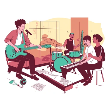 A group of musicians is gathered in a cozy music studio, engaged in a lively jam session. One musician is playing a teal electric guitar, while another is seated on a white stool, passionately singing into a microphone. A drummer is in the background, energetically playing a set of drums. Scattered around the studio are various instruments, including a white keyboard, a teal saxophone leaning against the wall, and a couple of scattered sheet music pages on the floor. Warm light fills the room, highlighting the musicians' focused expressions and the creative atmosphere.
