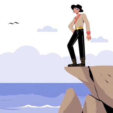"Puss in Boots" is standing confidently on the edge of a rugged cliff. He wears his signature black hat and boots, with a golden belt adorning his waist. The sky above is clear with soft white clouds drifting lazily. Below, a vast sea stretches out, displaying varying shades of blue and gentle waves lapping against the rocks. In the distance, a few seagulls can be seen flying over the water. The scene captures a moment of adventure and exploration, with "Puss in Boots" gazing thoughtfully towards the horizon.