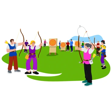 An archery tournament with competitors in medieval attire aiming at targets