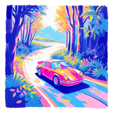 A sleek Porsche is cruising along a winding road in a lush green forest. The car is a vibrant red, with its smooth curves reflecting the dappled sunlight. Tall trees with rich green foliage line the sides of the road, creating a natural tunnel. Sunlight streams through the branches, casting playful shadows on the ground. The scene captures a sense of speed and freedom, with leaves rustling gently in the breeze.