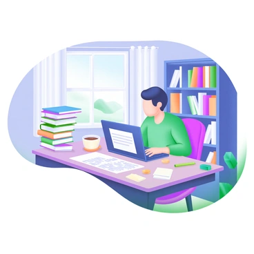 A student sitting at a wooden desk covered in stacked books and scattered papers. The student is focused on writing, with a laptop open in front of them displaying a document. Surrounding the desk are a few colorful sticky notes and a highlighter. A coffee mug sits nearby, filled with a warm beverage. The walls in the background are lined with bookshelves filled with various academic texts. A window lets in soft natural light, illuminating the workspace.