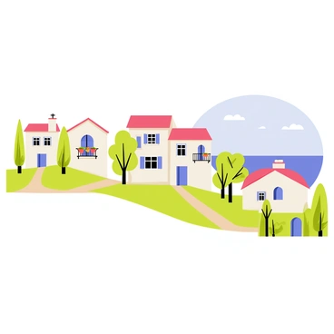 A series of whitewashed houses with blue shutters dot a Mediterranean hillside. The houses have terracotta roofs, with some featuring small balconies adorned with colorful flower pots. Olive trees and cypress trees frame the scene, providing a rich green contrast to the white buildings. The hillside slopes gently, leading down to a sparkling blue sea in the background. A clear blue sky with a few fluffy white clouds completes the picturesque setting.