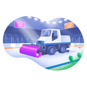 A zamboni machine is positioned on a freshly cleaned ice rink, smoothing the icy surface with its large, rectangular blade. The machine is white with blue accents and has a clear view of its cab, where the driver can be seen focused on the task. Surrounding the rink are bright arena lights, casting a warm glow over the ice. In the background, empty seating areas are visible, and a digital scoreboard displays the time remaining in the period. The ice surface glistens under the lights, showcasing the meticulous work of the zamboni.