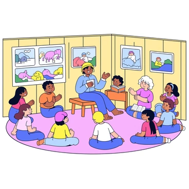 Children gathered around a storyteller in a cozy room filled with colorful illustrations