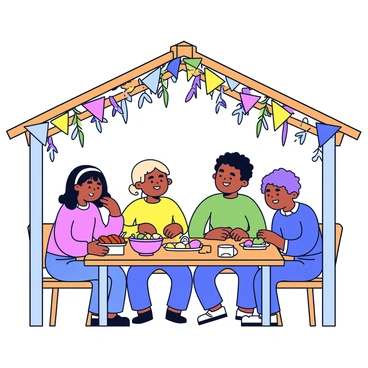 A family seated around a wooden table inside a decorated sukkah. The table is filled with traditional Sukkot foods, including challah, fruits, and dishes. The sukkah is adorned with colorful paper decorations and hanging organic elements like branches and leaves. Soft light filters through the open roof, casting gentle shadows on the scene. The family members, including children and adults, are smiling and engaged in conversation, creating a warm atmosphere.