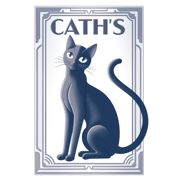 A vintage art deco poster design displays a black cat with an elongated body, characterized by sleek curves and an arched back. The cat sits gracefully, with its tail elegantly curled around its paws. The feline's eyes are wide and expressive, drawing attention. Surrounding the cat, there are intricate geometric patterns and ornamental borders typical of the art deco style. Above and below the cat, elegant typography spells out the title of the poster, enhancing the overall sophistication of the design. The poster's composition is balanced, with the cat as the central focal point, framed by the stylish text and decorative elements.