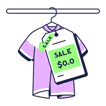 A price tag is attached to a piece of clothing hanging on a rack. The tag is rectangular, with a clear display of the original price crossed out, and a lower sale price written prominently beneath it. A bright "SALE" sticker is affixed to the top corner of the tag, emphasizing the discount. The clothing item is a shirt in a casual style, with short sleeves and a collar, visible behind the price tag. The fabric of the shirt appears to be light and soft, suitable for warm weather.