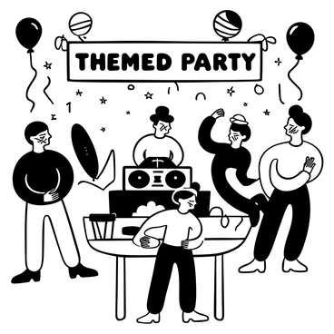 A black-and-white illustration of a lively party scene. Guests are mingling, each wearing unique makeup that reflects a specific theme. One guest has intricate geometric patterns painted on their face, while another has bold, swirling designs. Tables are set with decorations that complement the theme, and there are colorful balloons floating in the air. Streamers hang from the ceiling, and a large banner with the words "Themed Party" is prominently displayed. In the background, a DJ is playing music, surrounded by sound equipment.
