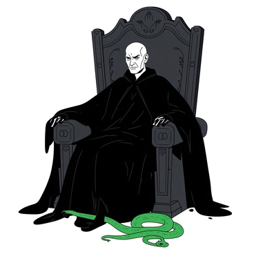 A white figure representing Voldemort is seated on a dark, ornate throne that features intricate carvings and embellishments. He has a pale complexion and a snake-like face with slitted nostrils. At his feet, a green serpent, Nagini, is coiled comfortably, her scales glistening in the light. Voldemort's expression is one of intense focus, and his long, flowing black robes drape elegantly over the armrests of the throne. The background features shadowy elements, adding to the atmosphere of the scene.
