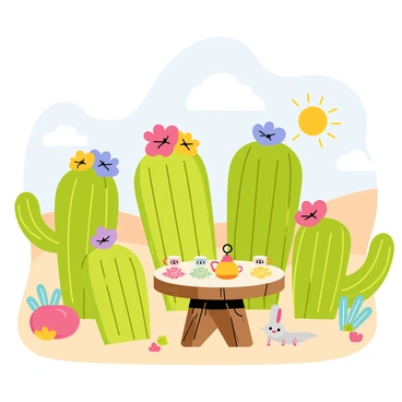 A whimsical scene featuring several cacti with various vibrant flowers adorning their tops. Each cactus has a distinctly unique shape, ranging from tall, slender saguaro cacti to short, round barrel cacti. The cacti are gathered around a small round table made of rustic wood, which is set with colorful teacups and a teapot. The desert landscape is visible in the background, with soft rolling sand dunes and a bright blue sky. A few fluffy white clouds float above, and a cheerful sun shines down on the lively tea party. Small desert animals, such as a curious lizard and a playful bunny, can be seen peeking from behind the cacti, adding to the whimsical atmosphere.