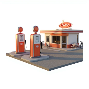 A quaint vintage rest stop featuring two old-fashioned gas pumps with chrome finishes and brightly colored signage. The gas pumps stand on a concrete pad, surrounded by a gravel parking area. Next to the gas pumps is a charming diner with a red and white exterior, large windows, and a classic neon sign that says "Diner" in bright lights. There are picnic tables set up outside the diner, with a couple of bicycles parked nearby. The scene is bathed in warm sunlight, casting soft shadows on the ground.