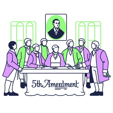 A historical scene inside a large room where the U.S. Constitution is being signed. A group of men, dressed in 18th-century attire, are gathered around a large wooden table. Some are standing while others are seated, all focused intently on the document in front of them. A quill pen is placed next to the parchment, ready for signatures. In the foreground, a section of the Constitution features the text "5th Amendment" prominently written. The room is filled with tall windows that allow natural light to stream in, illuminating the serious expressions of the signers. A large, framed portrait of a founding father hangs on the wall in the background.