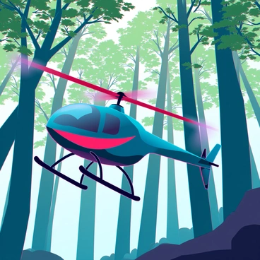 An RC helicopter with a sleek, aerodynamic design is hovering and navigating skillfully through tall, slender trees in a dense forest. The helicopter features vibrant red and black rotors that spin rapidly, creating a slight blur. Sunlight filters through the lush green canopy, casting dappled shadows on the ground below. The trees are tall and imposing, with thick trunks and a variety of foliage, creating a maze-like environment. The scene conveys a sense of dynamic movement as the helicopter weaves in and out of the trees, with small branches brushing against its body.