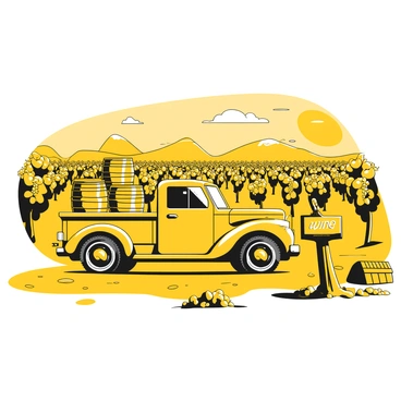A vintage truck parked on a gravel road, featuring a wooden body with visible grain details. In the back of the truck, there are several wooden barrels stacked carefully, each marked with a label that reads "wine." Surrounding the truck is a scenic vineyard with rows of grapevines sporting clusters of grapes, stretching into the distance. The sun casts long shadows across the ground, enhancing the rustic atmosphere. A small wooden sign can be seen in the foreground, indicating the vineyard's name.