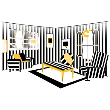 A living room with walls covered in bold black and white stripes. The furniture includes a striped couch with matching cushions, and a coffee table with a striped surface. A large striped rug covers the floor, and there are striped curtains hanging from the windows. An oversized striped armchair sits in one corner of the room. On the walls, there are striped frames showcasing black and white artwork, adding to the unique decor of the space. A quirky floor lamp with a striped shade illuminates the room.