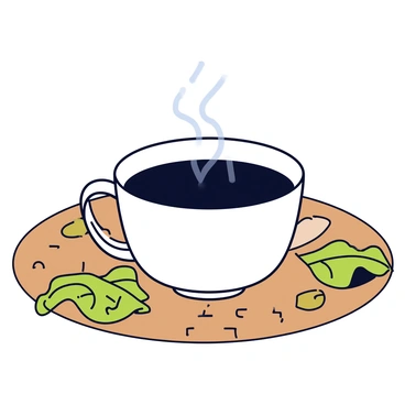 A white cup filled with dark shiitake mushroom tea sits on a wooden table. The surface of the table has a natural grain and texture. Next to the cup are scattered green tea leaves, some whole and others crumpled, adding a vibrant touch to the composition. The steam gently rises from the tea, creating a warm ambiance around the cup.