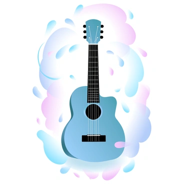 A concert poster featuring a large, stylized guitar with intricate abstract patterns and shapes surrounding it. Colorful sound waves ripple outwards from the guitar, blending into gradient pastel colors. A series of musical notes are scattered across the poster, flowing in different directions, with varying sizes. In the background, there are geometric shapes that add depth and dimension, all rendered in soft, harmonious hues. At the bottom of the poster, there is space for event details to be added later, framed by the vibrant elements above.