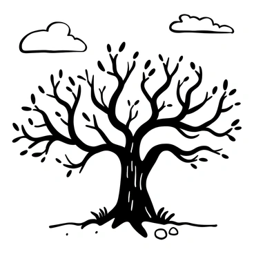 An ancient and gnarled fig tree with twisting branches reaching outward, its bark textured and uneven. The tree is situated prominently in the center of an empty field, surrounded by tufts of grass. The ground is slightly uneven, with patches of earth visible beneath the tree's expansive shade. There are a few scattered stones nearby, adding to the natural setting. The sky above is vast and open, with a few wispy clouds drifting by.