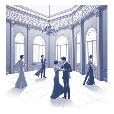 An Art Deco ballroom featuring intricate geometric patterns and elegant chandeliers hanging from the ceiling. The dance floor is polished and reflective, highlighting the movements of the dancers. Several couples are positioned on the floor, dressed in sophisticated evening attire. The dancers are captured in mid-step, showcasing their graceful poses and flowing garments. The surroundings include decorative pillars and ornate detailing that contribute to the grandeur of the setting. The atmosphere is filled with the elegance and style characteristic of the Art Deco period.
