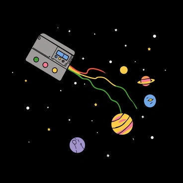 A large, rectangular box with a shiny metallic surface is floating in the dark expanse of space, surrounded by countless twinkling stars. The box is detailed with various buttons and panels on its surface. A bright, colorful light trail extends from the box, connecting it to several different planets. Each planet is uniquely colored and textured, showcasing rings, craters, and vibrant atmospheres. The light trail appears dynamic and pulsating, suggesting movement between the box and the planets.
