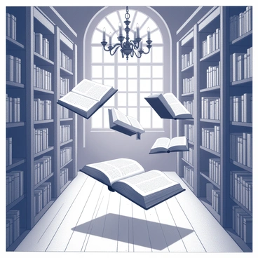 Open books levitating in a circle, pages fluttering in an enchanted library