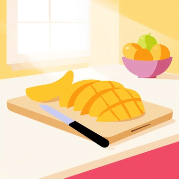 A warm kitchen scene featuring a wooden cutting board on a countertop. The cutting board has several perfectly sliced mangoes arranged in a fan shape, showcasing their vibrant orange flesh. There is a sharp knife resting next to the cutting board. Sunlight streams in through a window, casting soft shadows across the countertop. A bowl filled with whole mangoes sits in the background, adding a pop of color to the scene.