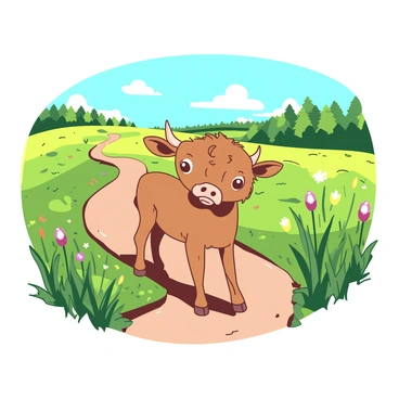 A two-headed calf with a light brown coat is standing at the beginning of a winding dirt path. Each head has big, curious eyes and short, pointed ears. The calf is positioned in a field filled with tall, green grass swaying gently in the breeze. In the background, there are patches of colorful wildflowers dotting the landscape. The path meanders through the fields, leading towards a distant tree line under a bright blue sky. The calf appears ready to embark on its journey, with its ears perked up and a curious expression on both faces.